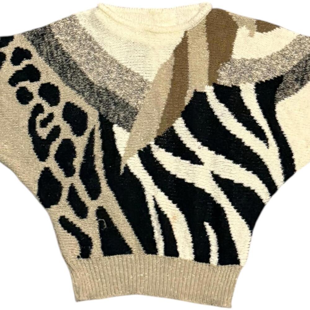 Vintage Animal Print Abstract Sweater Zebra Leopard Neutral Black Beige Size M/L - Picture 2 of 4
